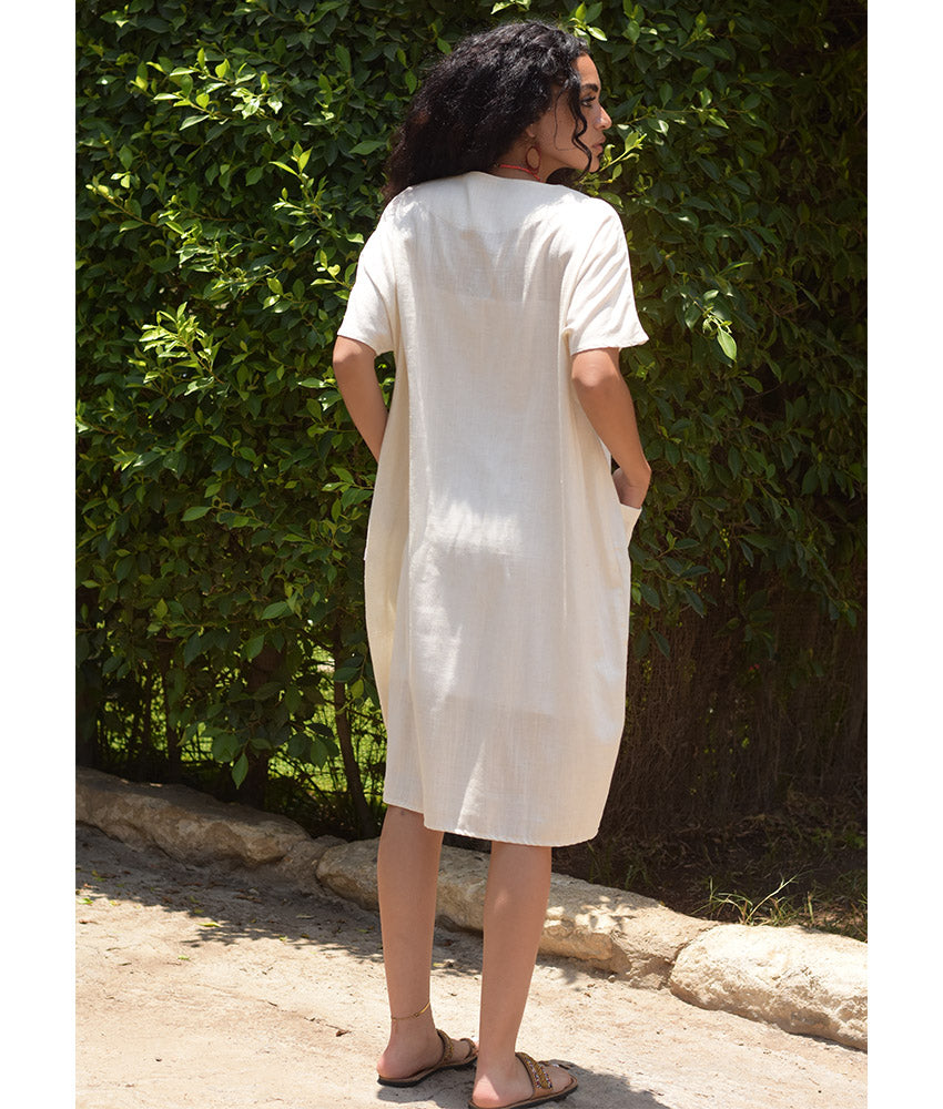 White Relaxed-Fit Linen Midi Dress with Pockets handmade in Egypt & available at Jozee Boutique.