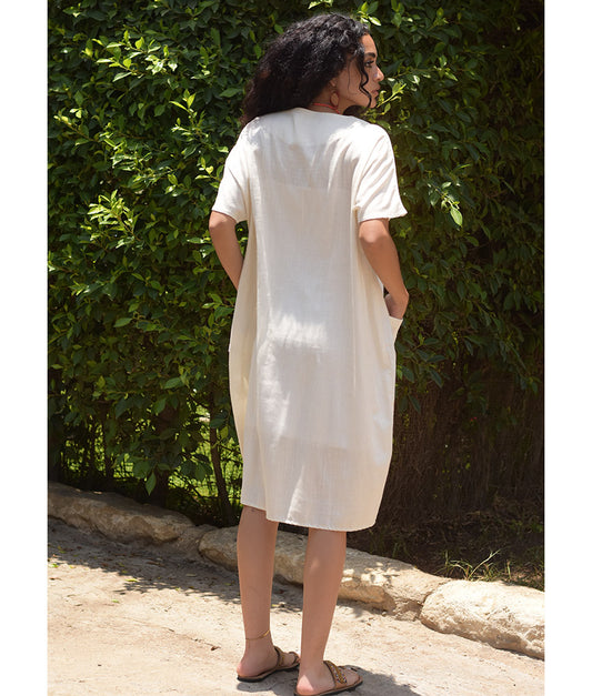 White Relaxed-Fit Linen Midi Dress with Pockets handmade in Egypt & available at Jozee Boutique.