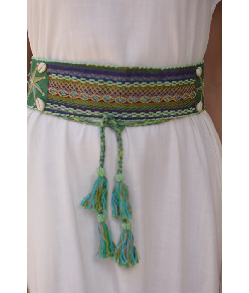 Green Saint Catherine Embroidered Wide Belt handmade in Egypt & available at Jozee Boutique.