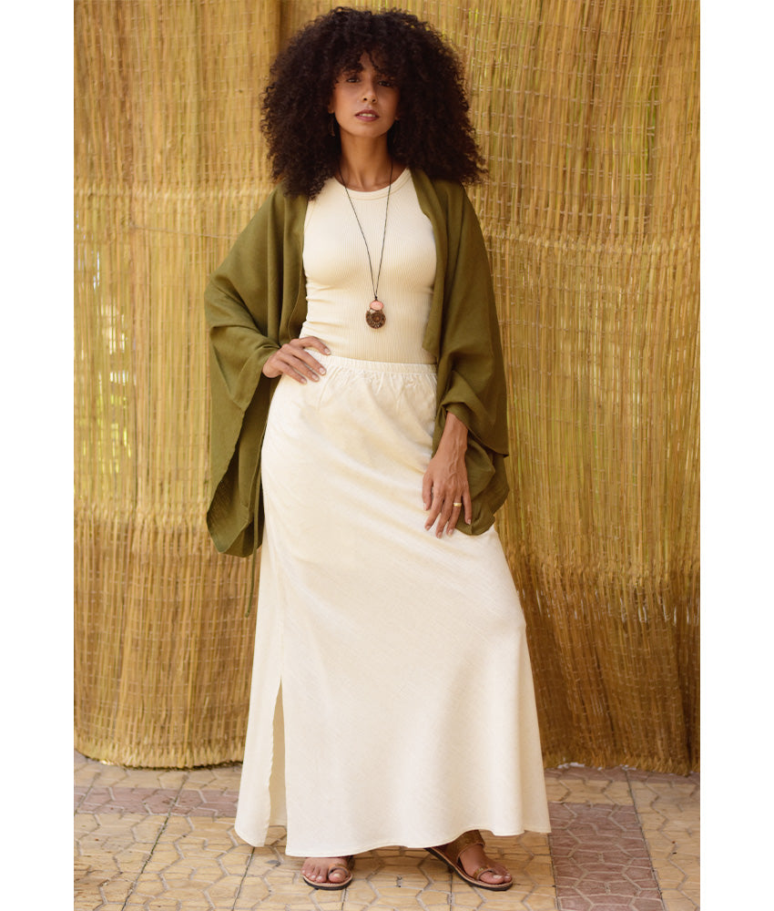 Off White Linen Side-Slit Skirt with Elastic Waistband