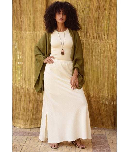 Off White Linen Side-Slit Skirt with Elastic Waistband
