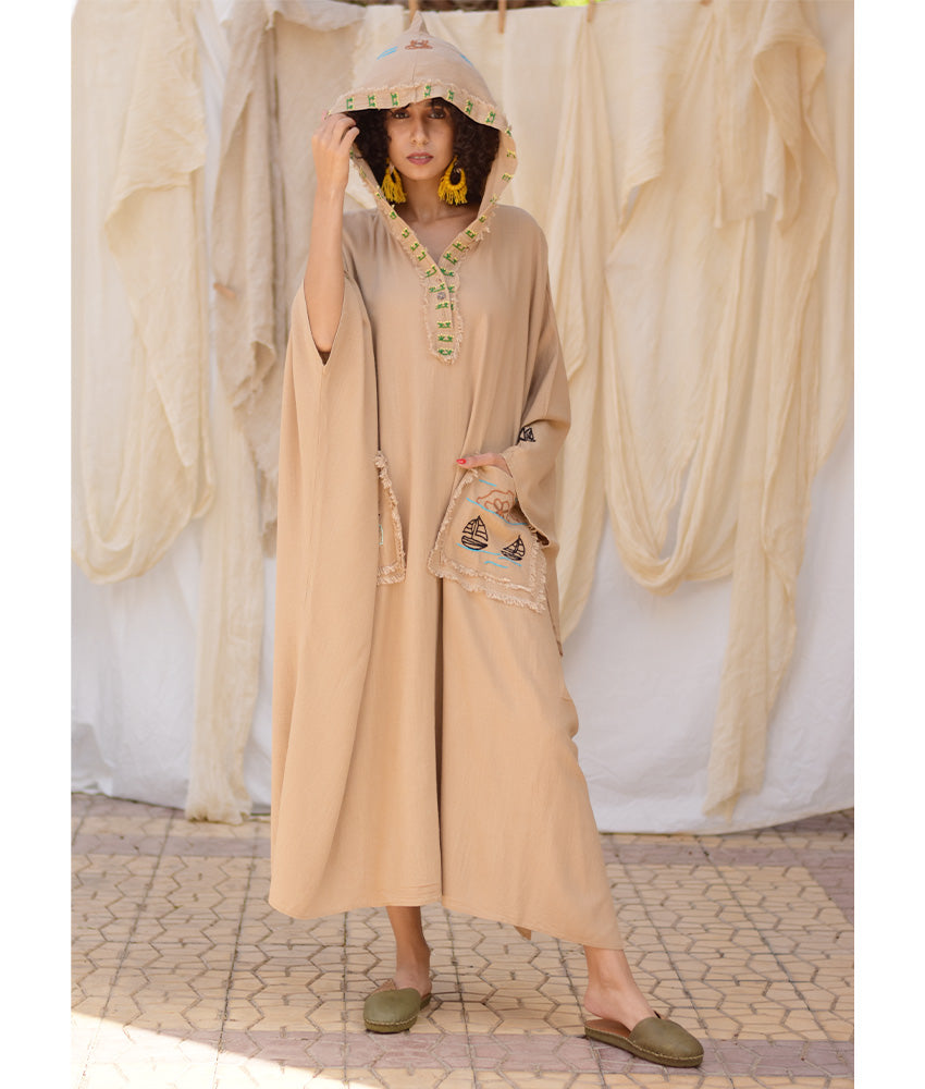 Dark Beige Hand Embroidered Linen Kaftan with Hoodie handmade in Egypt & available at Jozee Boutique.