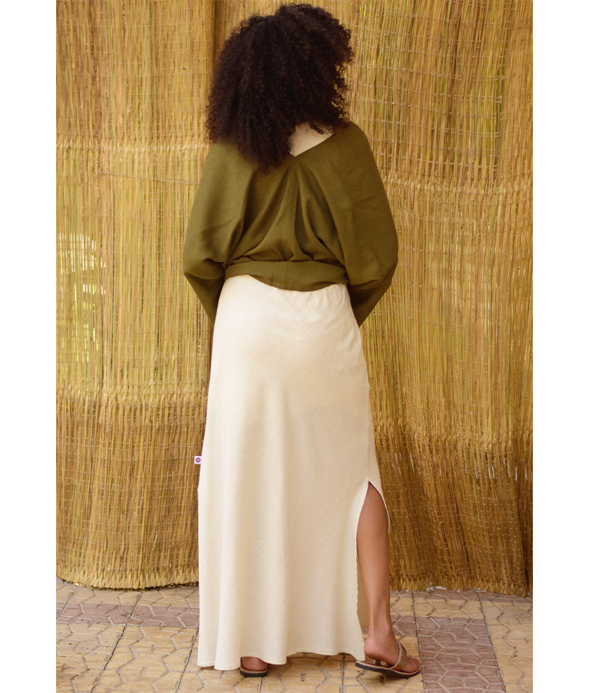 Off White Linen Side-Slit Skirt with Elastic Waistband