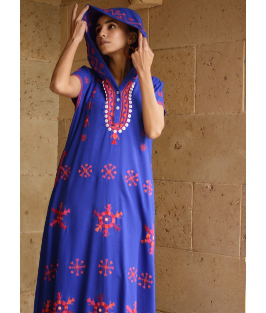 Electric Blue Siwa Heavily Embroidered Linen Dress with Hoodie handmade in Egypt & available at Jozee Boutique.