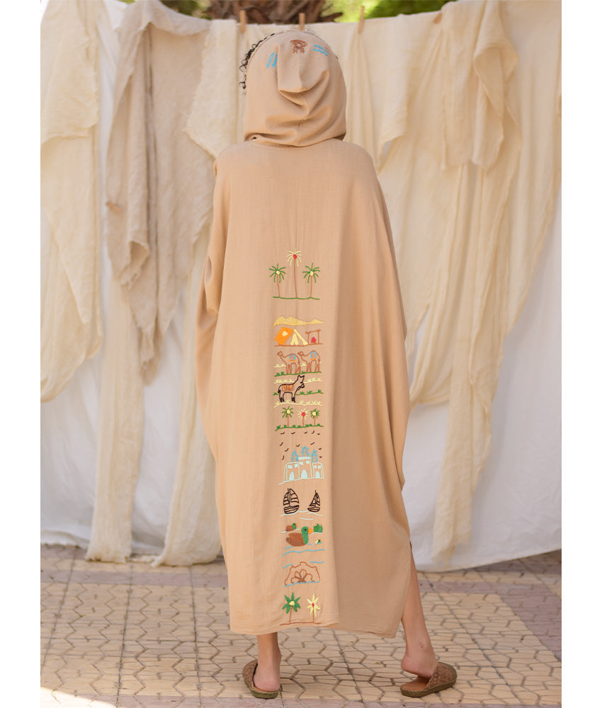 Dark Beige Hand Embroidered Linen Kaftan with Hoodie handmade in Egypt & available at Jozee Boutique.