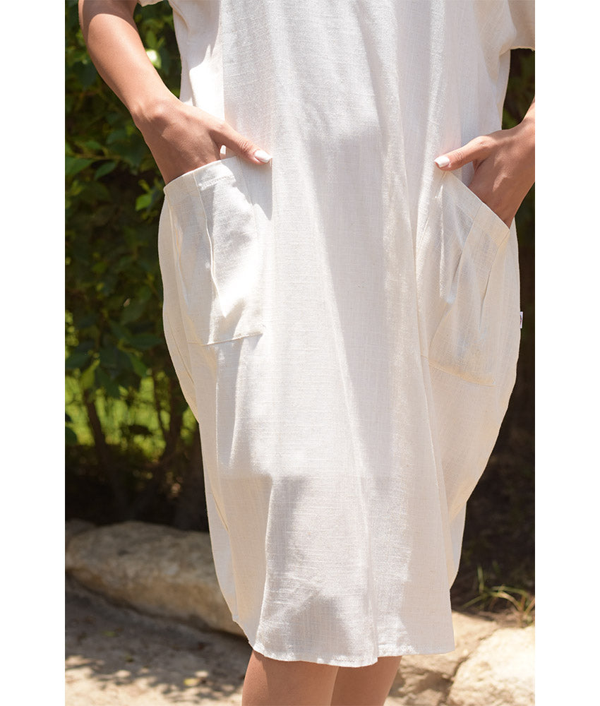 White Relaxed-Fit Linen Midi Dress with Pockets handmade in Egypt & available at Jozee Boutique.