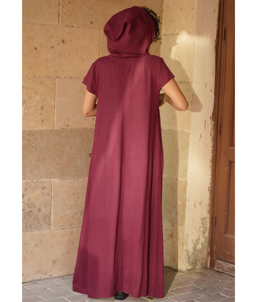 Burgundy Linen Dress with Hoodie handmade in Egypt & available at Jozee Boutique.