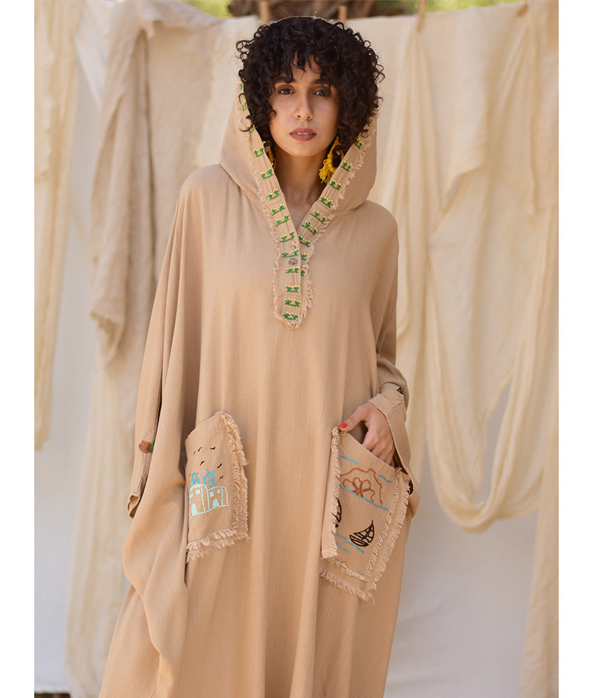 Dark Beige Hand Embroidered Linen Kaftan with Hoodie handmade in Egypt & available at Jozee Boutique.