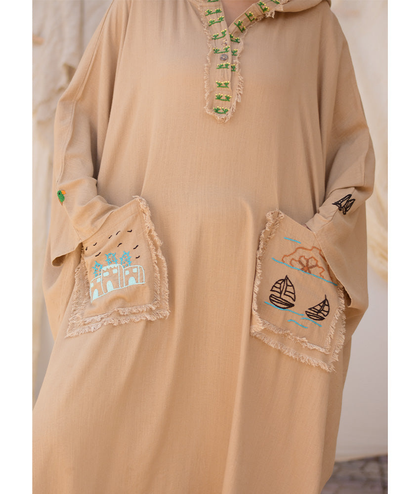 Dark Beige Hand Embroidered Linen Kaftan with Hoodie handmade in Egypt & available at Jozee Boutique.