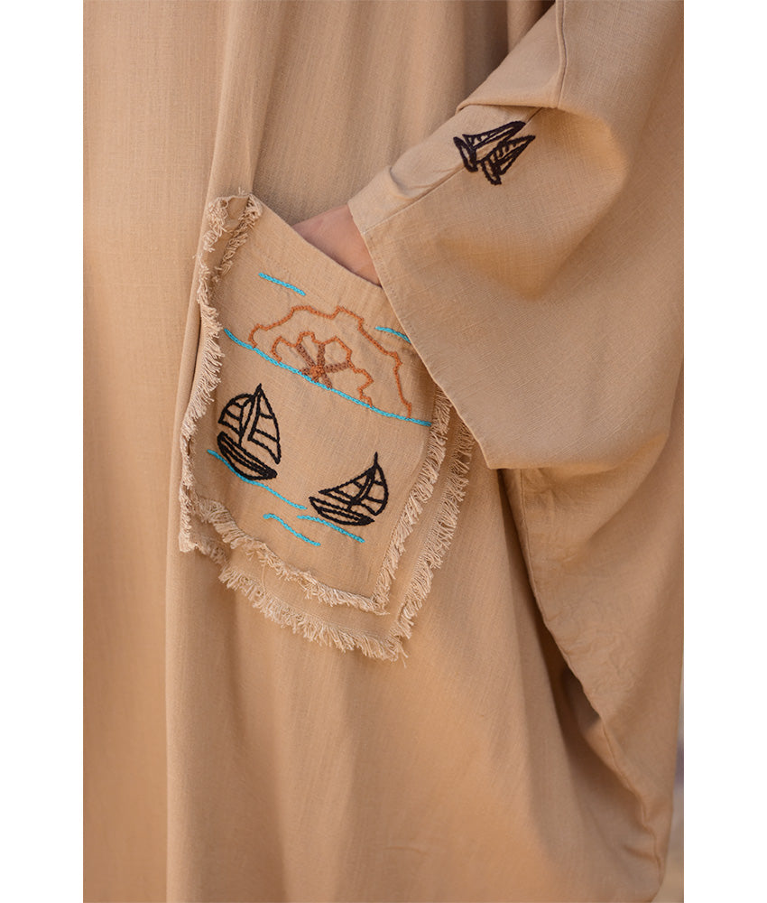Dark Beige Hand Embroidered Linen Kaftan with Hoodie handmade in Egypt & available at Jozee Boutique.