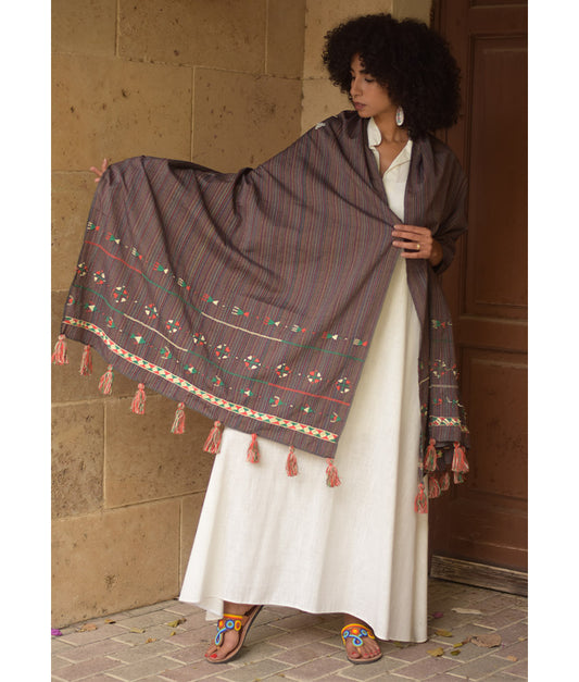 Brown Silk & Cotton Siwa Embroidered Shawl Handmade in Egypt & available at Jozee Boutique