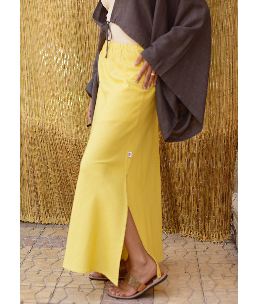 Mustard Linen Side-Slit Skirt with Elastic Waistband