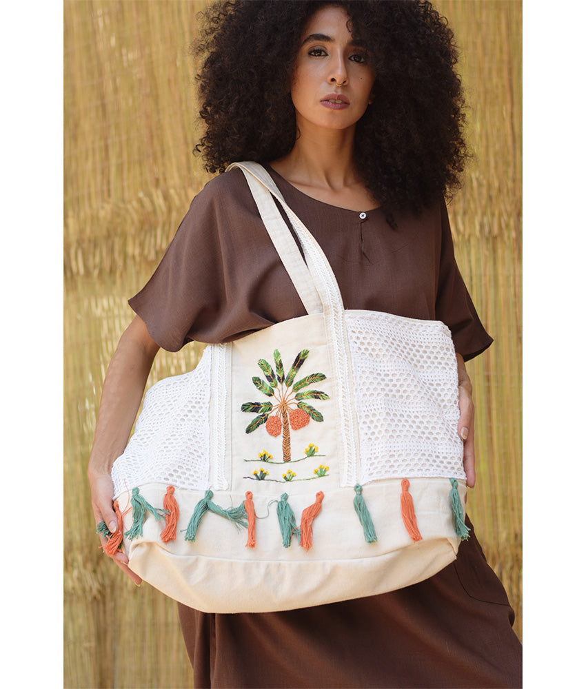 Off White Embroidered Hand Bag