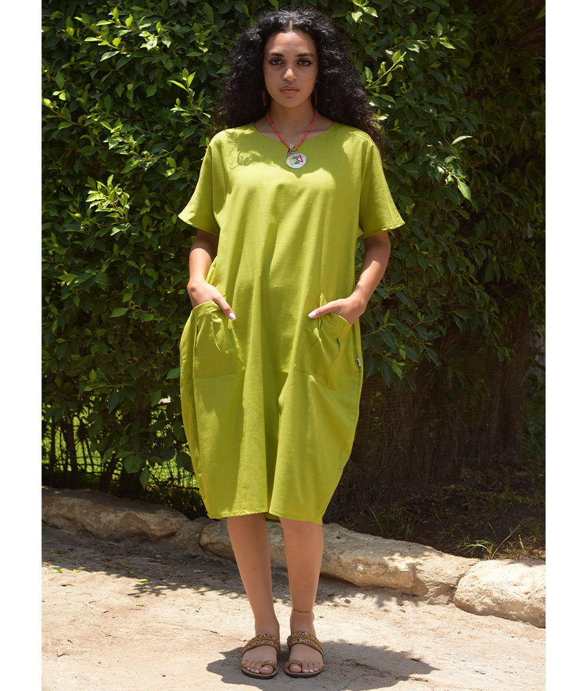 Lime Green Relaxed-Fit Linen Midi Dress with Pockets handmade in Egypt & available at Jozee Boutique.