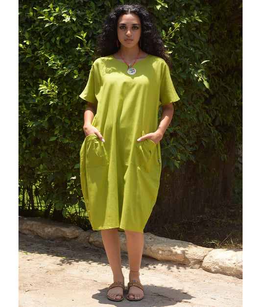 Lime Green Relaxed-Fit Linen Midi Dress with Pockets handmade in Egypt & available at Jozee Boutique.