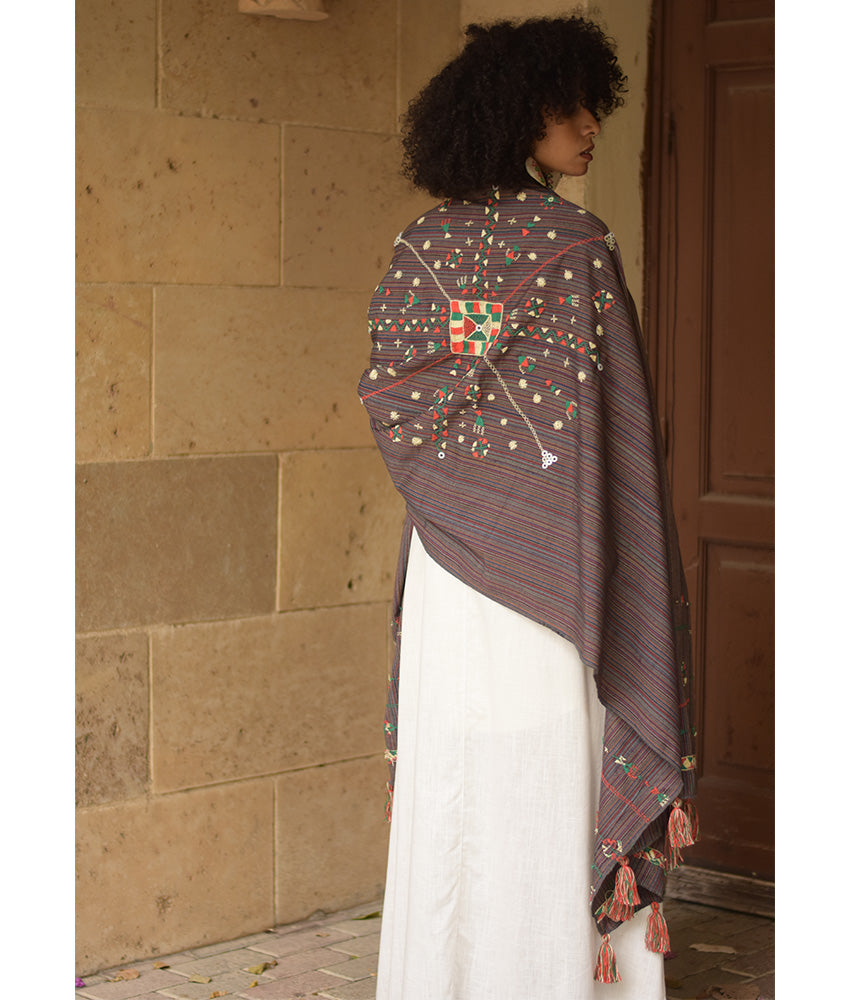 Brown Silk & Cotton Siwa Embroidered Shawl Handmade in Egypt & available at Jozee Boutique