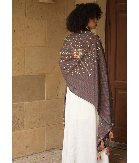 Brown Silk & Cotton Siwa Embroidered Shawl Handmade in Egypt & available at Jozee Boutique