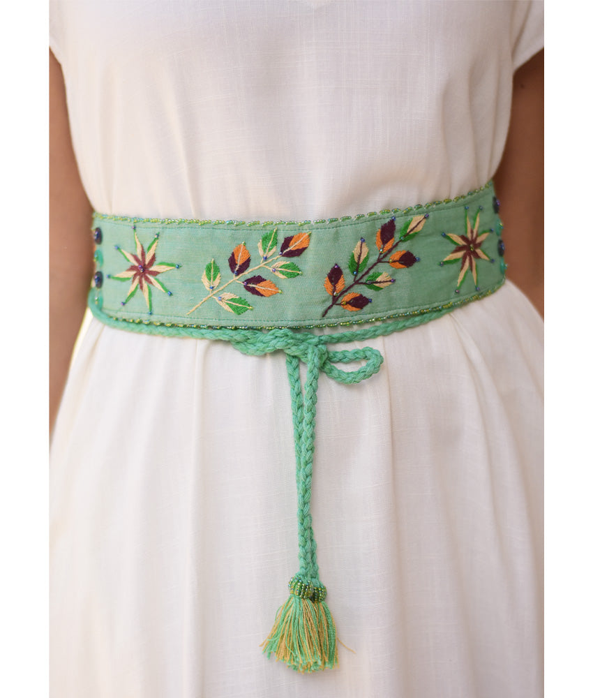 Mint Saint Catherine Embroidered Thin Belt handmade in Egypt & available at Jozee Boutique.