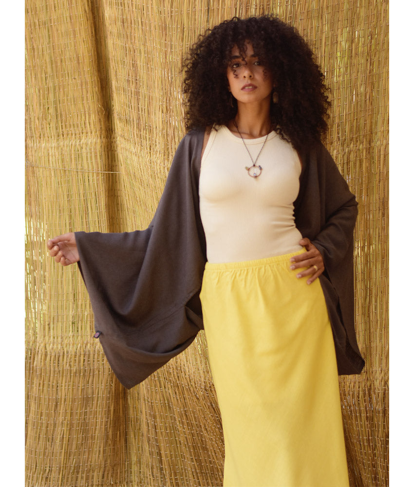 Mustard Linen Side-Slit Skirt with Elastic Waistband