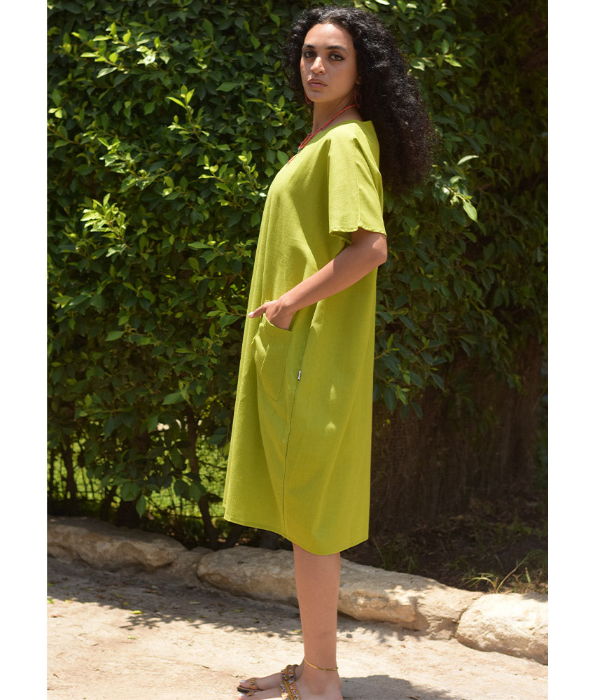 Lime Green Relaxed-Fit Linen Midi Dress with Pockets handmade in Egypt & available at Jozee Boutique.