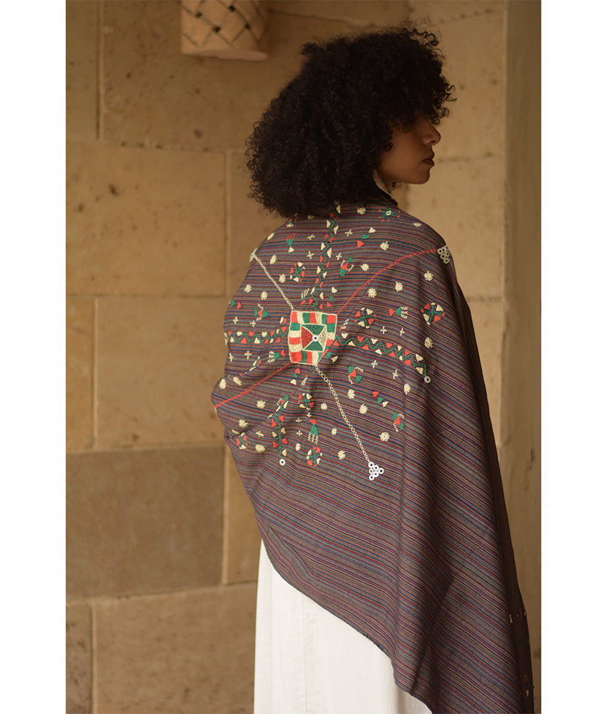 Brown Silk & Cotton Siwa Embroidered Shawl Handmade in Egypt & available at Jozee Boutique