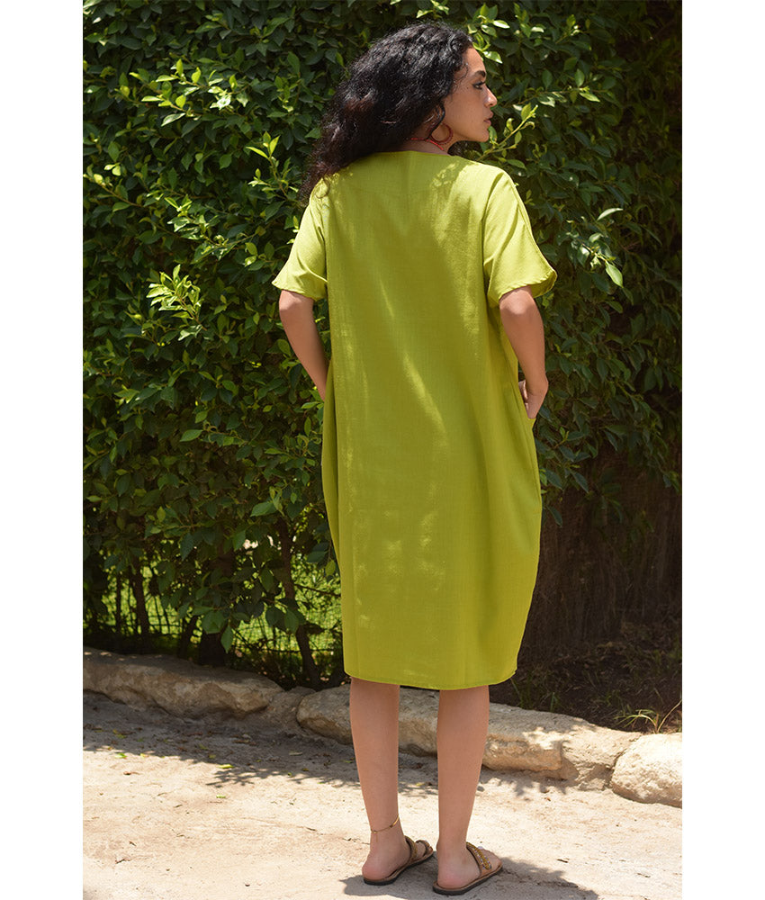 Lime Green Relaxed-Fit Linen Midi Dress with Pockets handmade in Egypt & available at Jozee Boutique.
