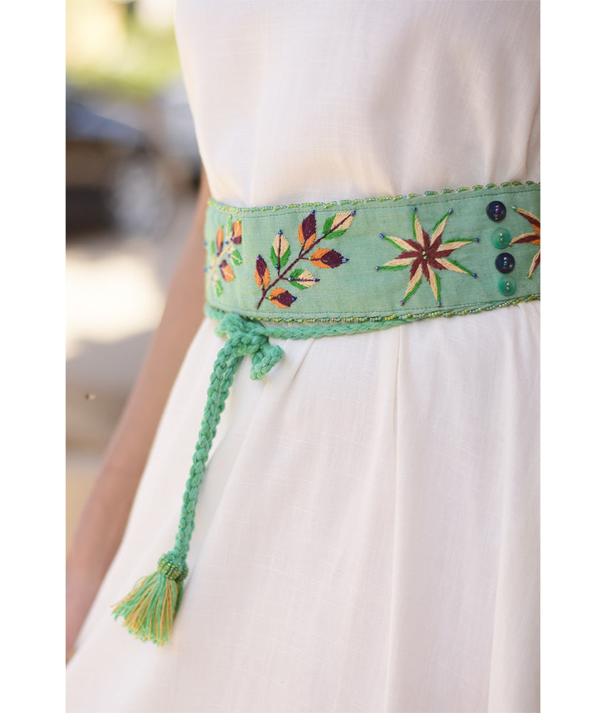 Mint Saint Catherine Embroidered Thin Belt handmade in Egypt & available at Jozee Boutique.