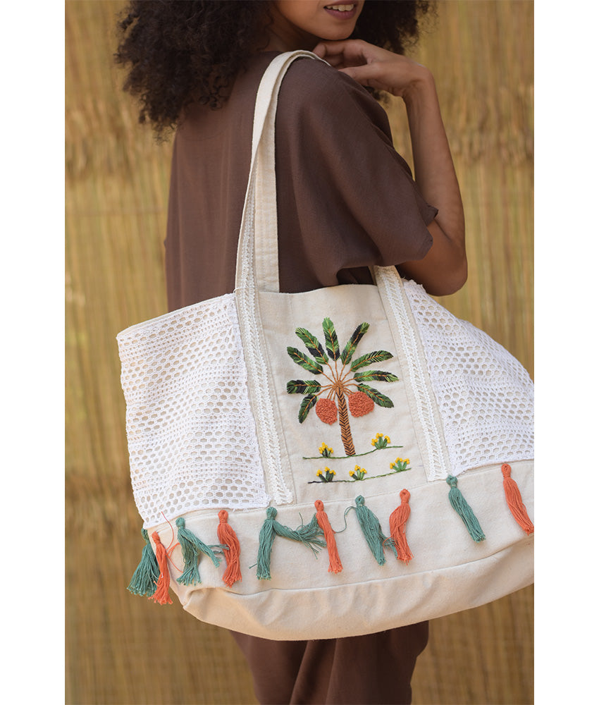 Off White Embroidered Hand Bag