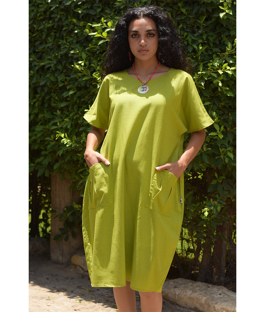Lime Green Relaxed-Fit Linen Midi Dress with Pockets handmade in Egypt & available at Jozee Boutique.