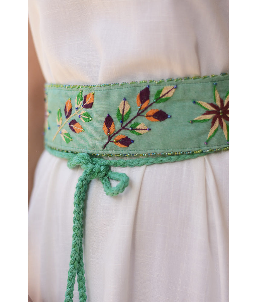 Mint Saint Catherine Embroidered Thin Belt handmade in Egypt & available at Jozee Boutique.