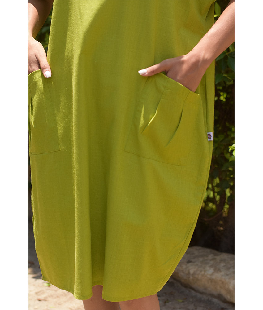 Lime Green Relaxed-Fit Linen Midi Dress with Pockets handmade in Egypt & available at Jozee Boutique.
