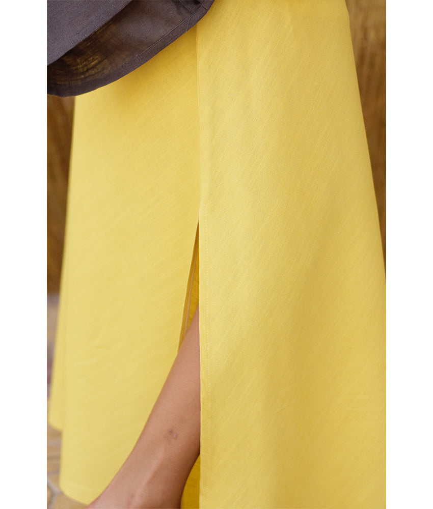 Mustard Linen Side-Slit Skirt with Elastic Waistband