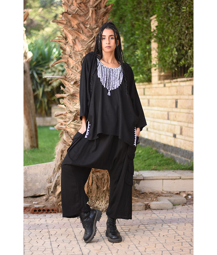 Black Siwa Embroidered Linen Top handmade in Egypt & available in Jozee boutique