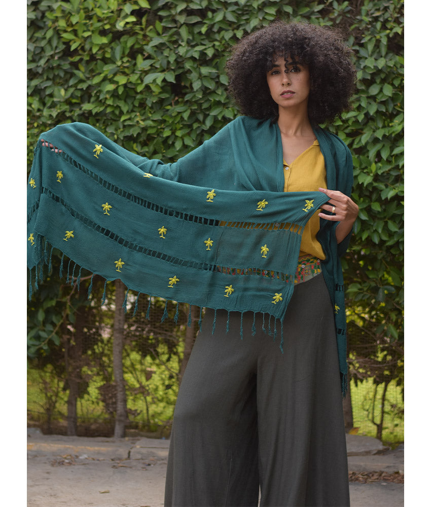 Teal Handwoven Viscose Shawl with Hand Embroideries Handmade in Egypt & available at Jozee Boutique