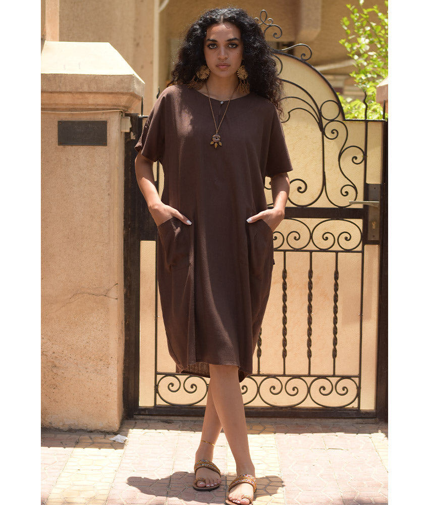 Chocolate Brown Relaxed-Fit Linen Midi Dress with Pockets handmade in Egypt & available at Jozee Boutique.