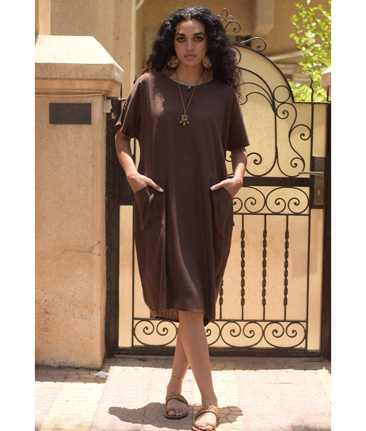 Chocolate Brown Relaxed-Fit Linen Midi Dress with Pockets handmade in Egypt & available at Jozee Boutique.