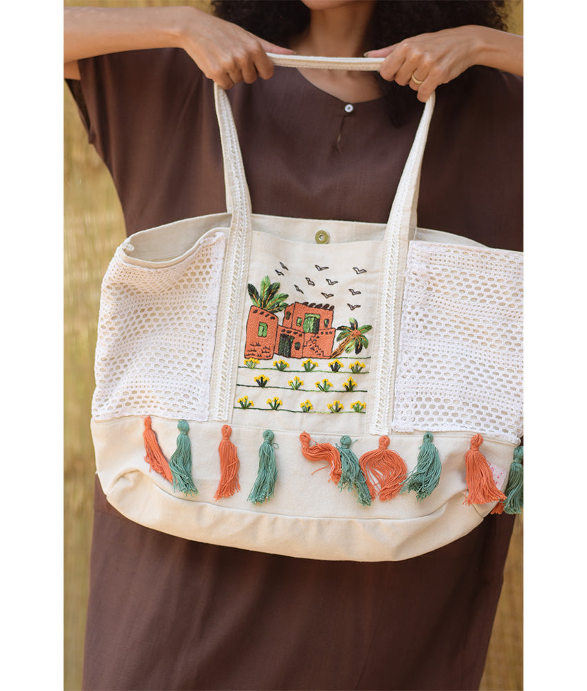 Off White Embroidered Hand Bag