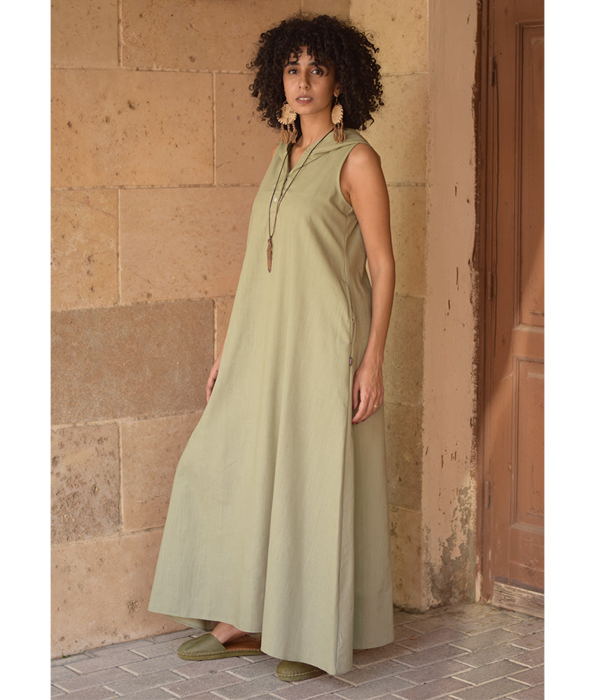 Light Olive Linen Dress with Hoodie handmade in Egypt & available at Jozee Boutique.