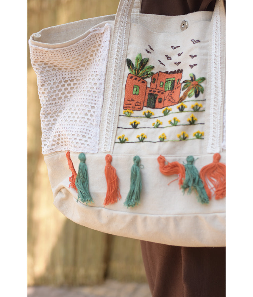Off White Embroidered Hand Bag