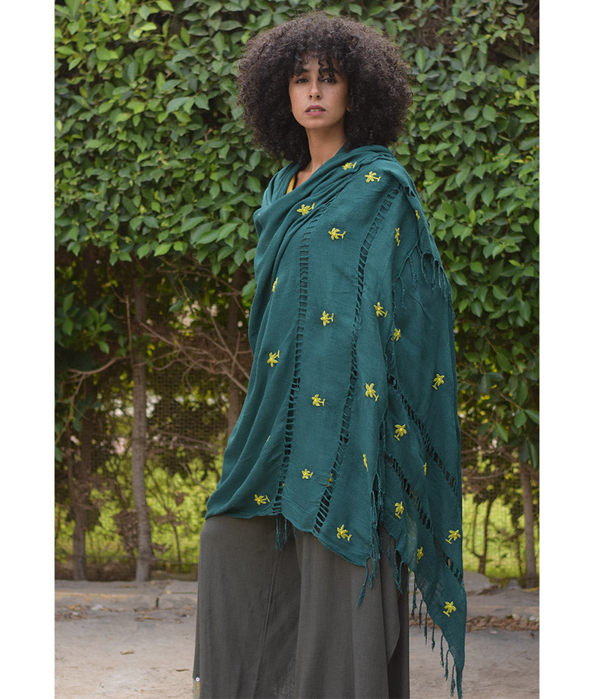 Teal Handwoven Viscose Shawl with Hand Embroideries Handmade in Egypt & available at Jozee Boutique