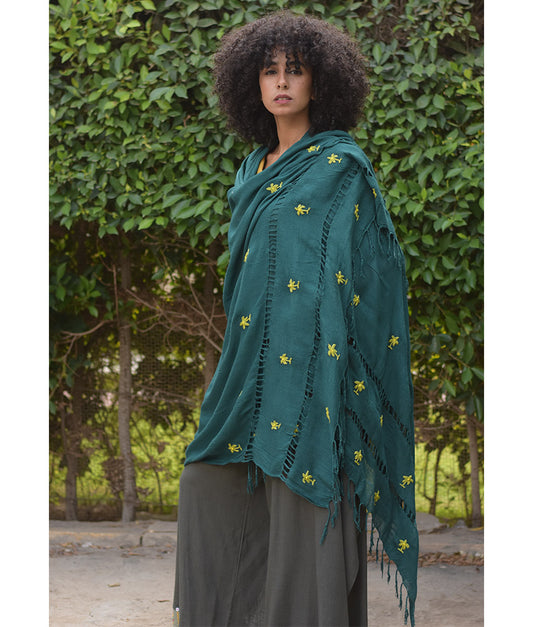 Teal Handwoven Viscose Shawl with Hand Embroideries Handmade in Egypt & available at Jozee Boutique