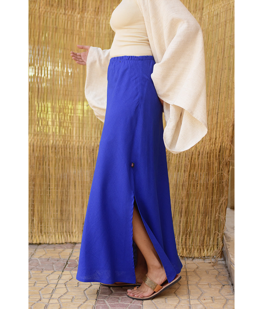 Electric Blue Linen Side-Slit Skirt with Elastic Waistband