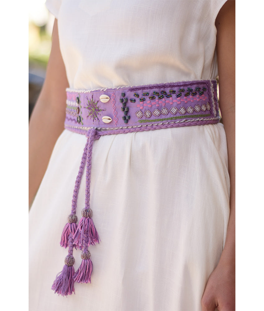 Purple Saint Catherine Embroidered Thin Belt handmade in Egypt & available at Jozee Boutique.