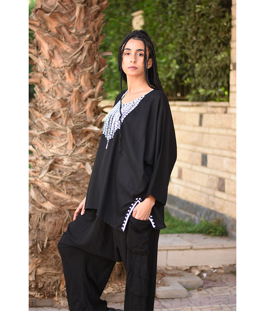 Black Siwa Embroidered Linen Top handmade in Egypt & available in Jozee boutique