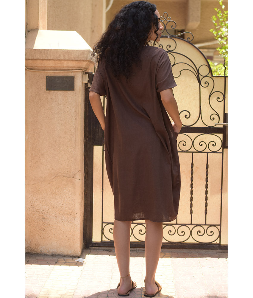 Chocolate Brown Relaxed-Fit Linen Midi Dress with Pockets handmade in Egypt & available at Jozee Boutique.
