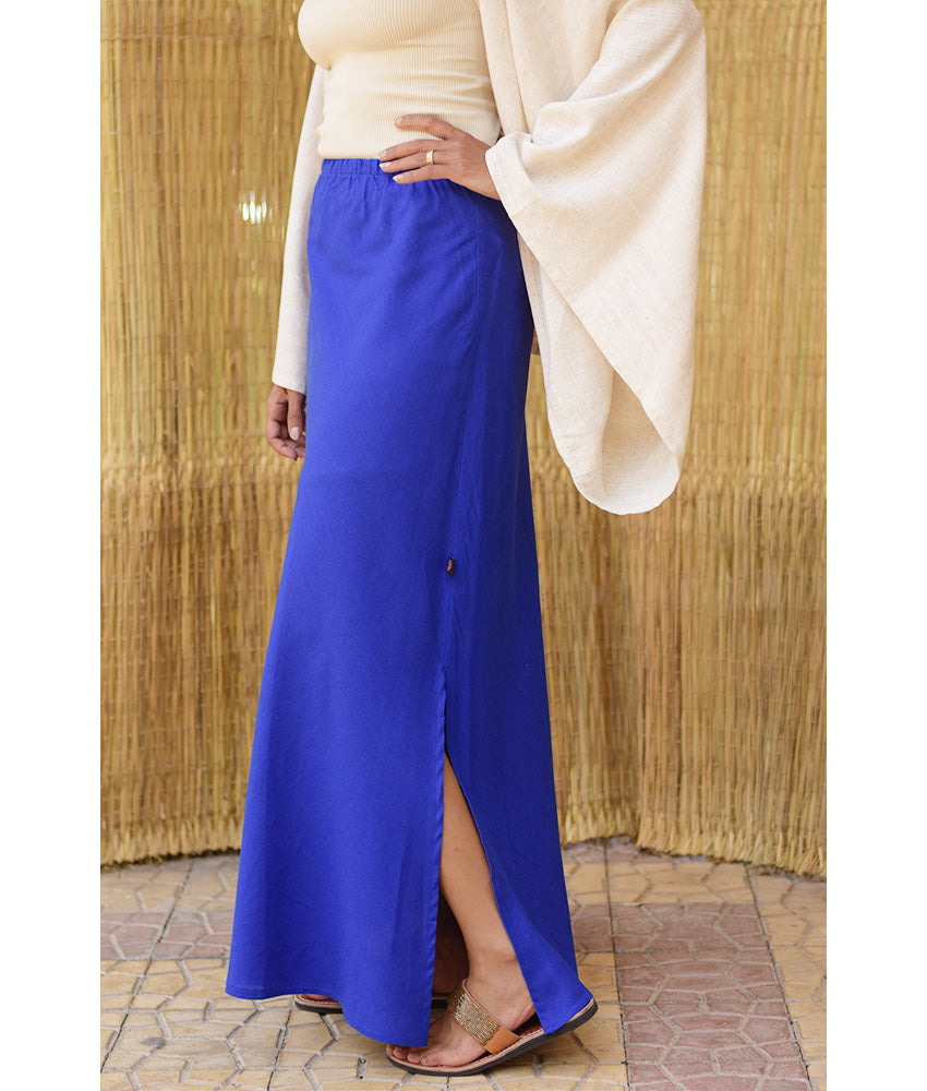 Electric Blue Linen Side-Slit Skirt with Elastic Waistband