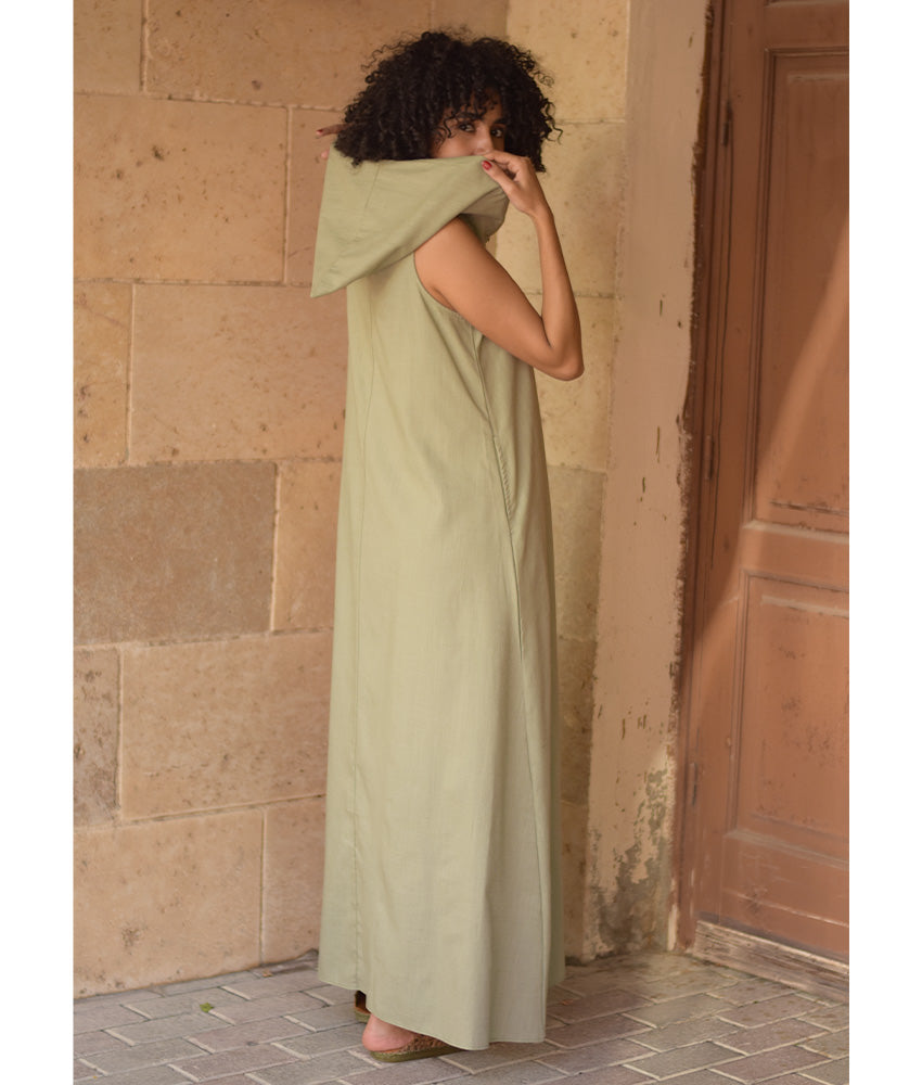 Light Olive Linen Dress with Hoodie handmade in Egypt & available at Jozee Boutique.