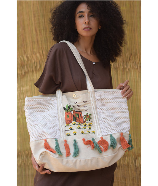 Off White Embroidered Hand Bag