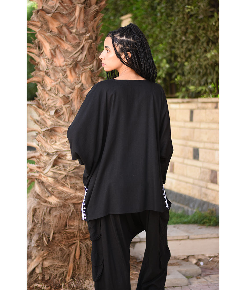 Black Siwa Embroidered Linen Top handmade in Egypt & available in Jozee boutique