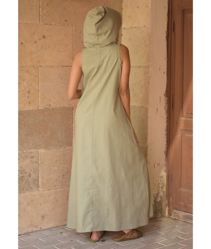 Light Olive Linen Dress with Hoodie handmade in Egypt & available at Jozee Boutique.